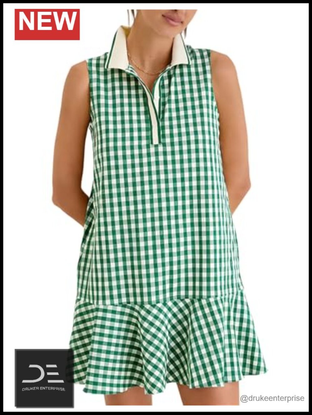 Gingham Polo Mini Dress V Neck Sleeveless Ruffle Hem Tennis Golf Casual